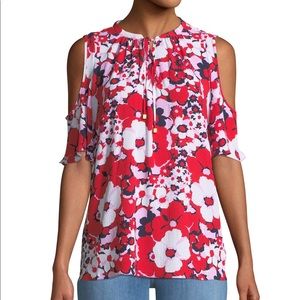 Michael Kors Cold-Shoulder Floral Tie-Neck Blouse